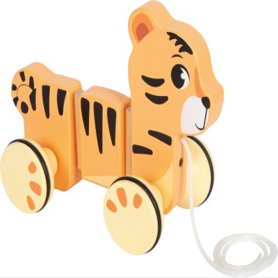 small foot Safari Tiger Pull-Along Toy, Flexible FSC-Certified Wooden Tiger, 12+ Months, Orange