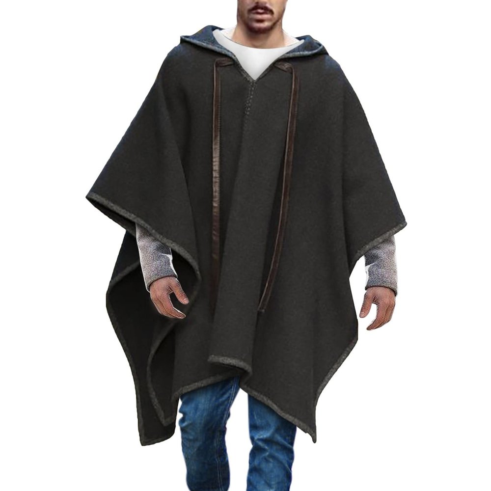 Foweknow Men's Warm Hooded Poncho Cape, Mexican Wool Poncho for Fall and Winter