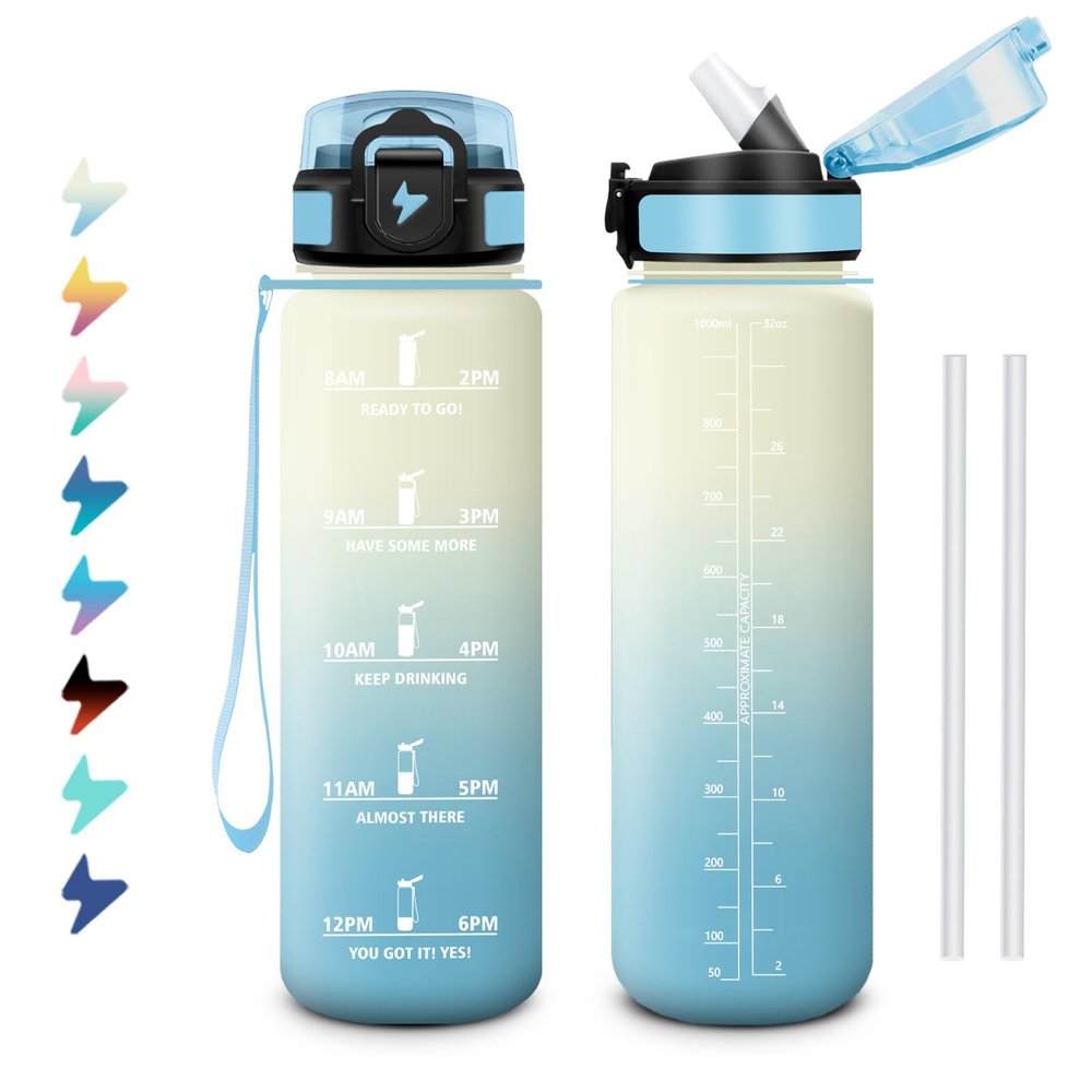 Leakproof 1L Sports Water Bottle with Straw and Time Markings