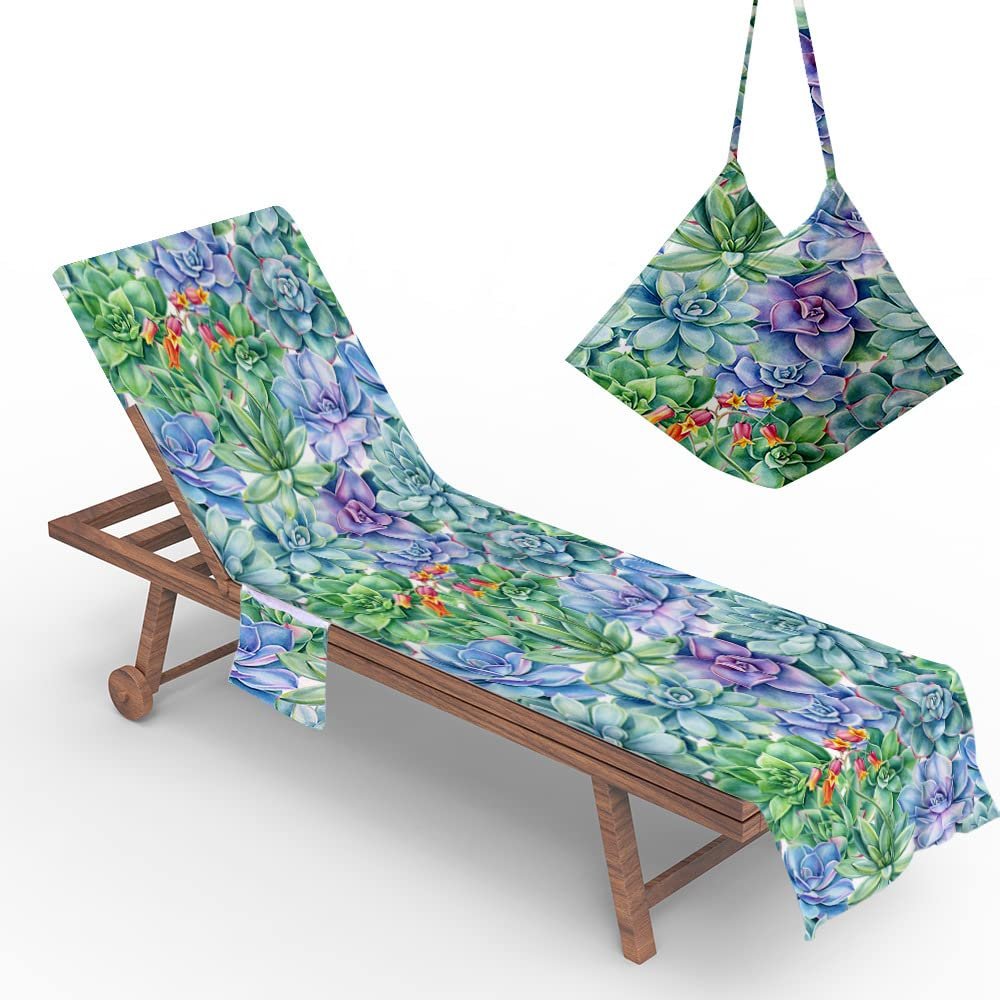 Odot Sun Lounger Towel, Botanical-Style Cover with Flap and Pockets, Microfiber Cover for Garden Loungers, Beach Towel for Beach, Garden and Swimming (Purple)