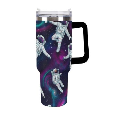 Anceky Travel Coffee Cup for Car, Large Insulated Stainless Steel Vacuum Tumbler with Straw, Purple Galaxy Space Astronaut Design