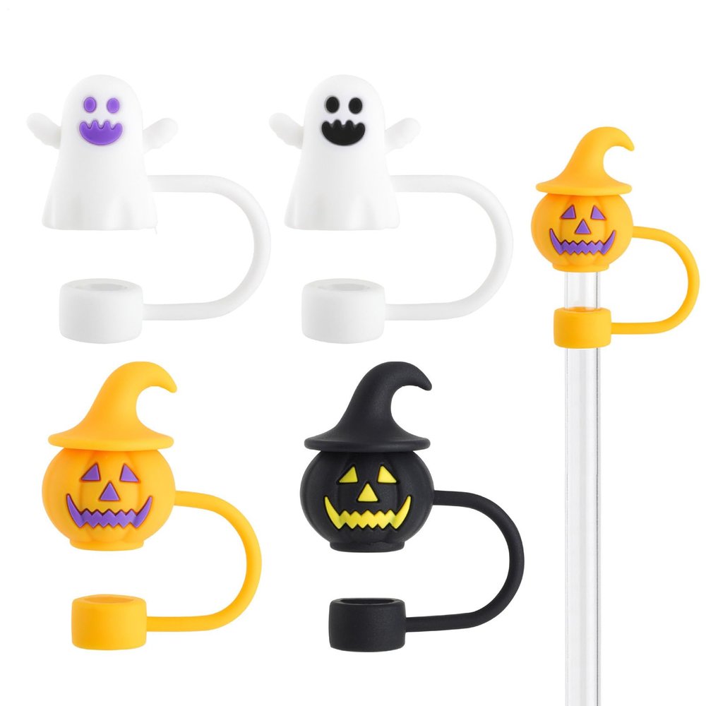 Halloween Straw Toppers | Pumpkin Ghost Drink Decorations | 4-Piece Set