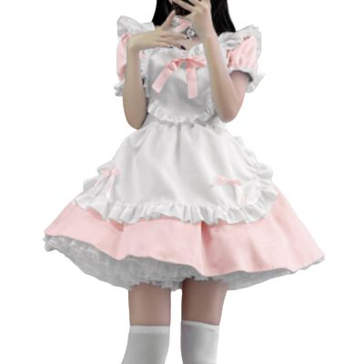 Women's Lolita Anime French Maid Dress Costume with Princess Dress, Apron, Headband, Choker, Cuffs and Bow, Cosplay Carnival Costume (XXL)