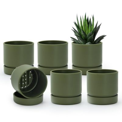 Phoenix Vine 4-Inch Planter Pots with Drainage Holes and Saucers, Olive, 6-Pack, 23-F-R-6