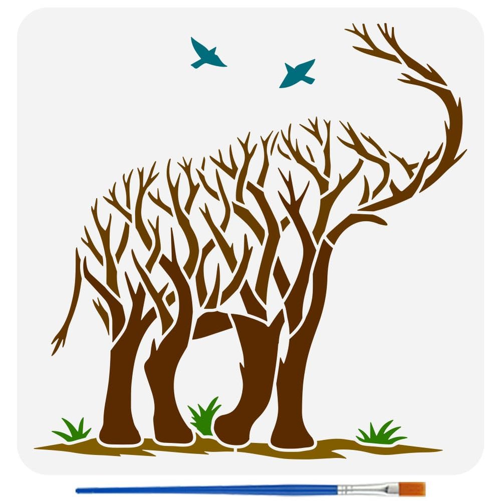 FINGERINSPIRE Elephant Tree Stencil with Brush 30x30cm