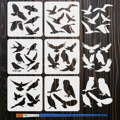 FINGERINSPIRE 6-Piece Bird Silhouette Stencil Set with Brush 15x15cm
