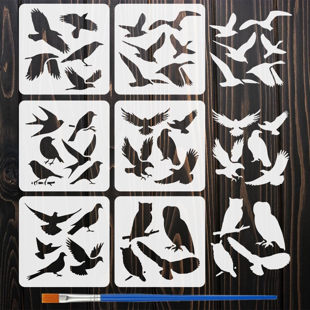 FINGERINSPIRE 6-Piece Bird Silhouette Stencil Set with Brush 15x15cm