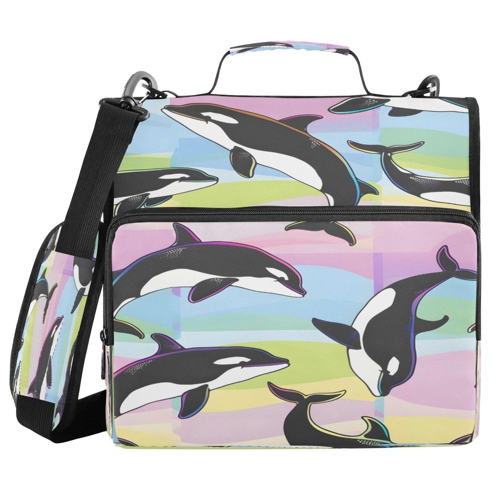 3-Ring D-Ring Binder with Zipper and Shoulder Strap, Rainbow Orcas
