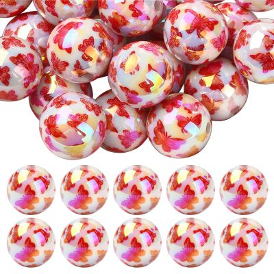 BEEFLYING 30 Round Acrylic Beads, 16mm, Red Butterfly