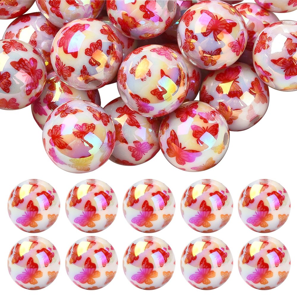 BEEFLYING 30 Round Acrylic Beads, 16mm, Red Butterfly
