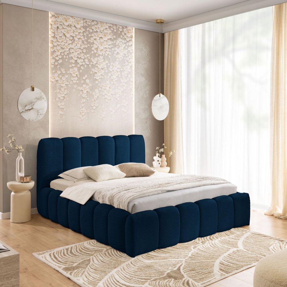 FURNISTAR MIA Upholstered Bed with Storage, 180 x 200 cm, Bubble Bed, Box Spring Look, Slats Included, Mattress Not Included, Dark Blue