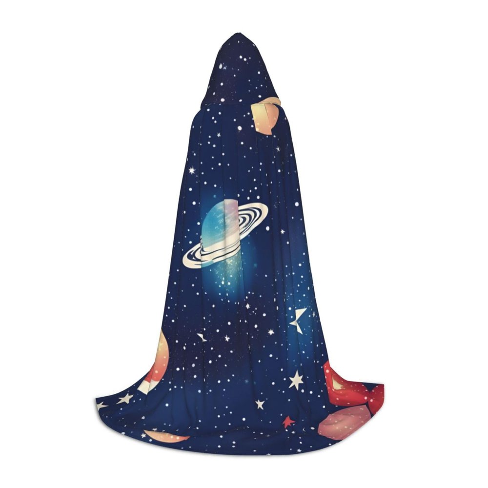 Halloween Costume with Starry-Sky Galaxy Print, Medieval Cloak with Hood
