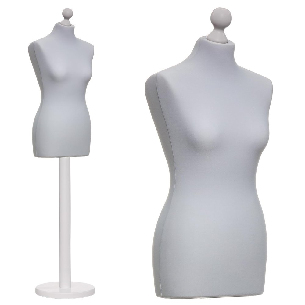 DummyDoll Women's Dress Form, Size 32/34, Silver Gray Cover, White Wooden Base and Finial