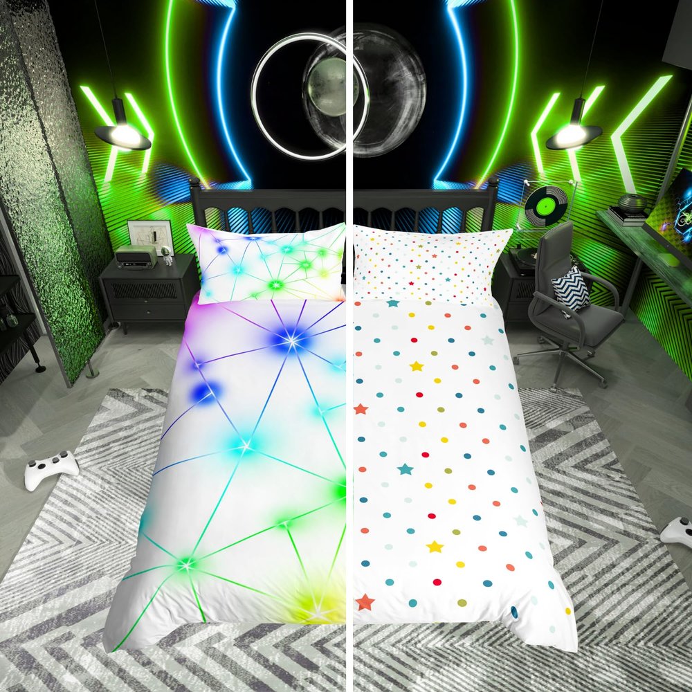 Homewish Geometric Triangle Reversible Duvet Cover Set, 155 x 220 cm, Neon Star Design