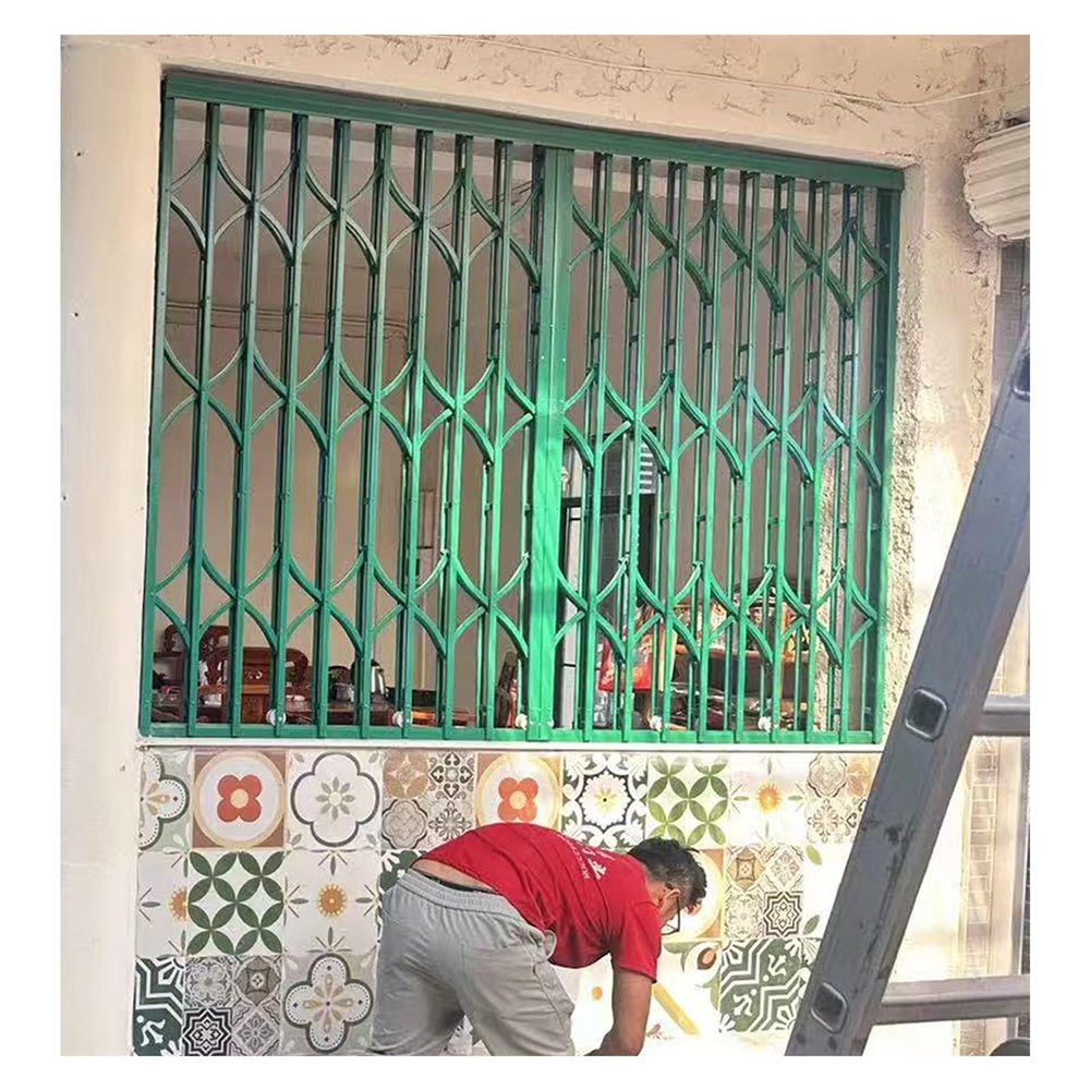 Green Stainless Steel Window Security Grille, Retractable, 118 × 155 cm, 150/155/160 cm High