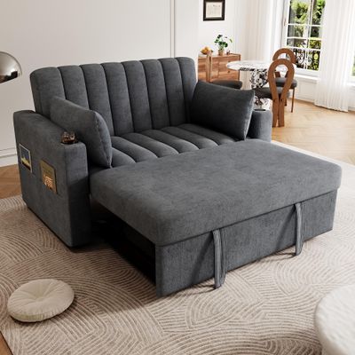 NADEUSAK Modern Sleeper Sofa with Adjustable Backrest, Cup Holders and Cushions, 80 x 140 cm, Gray