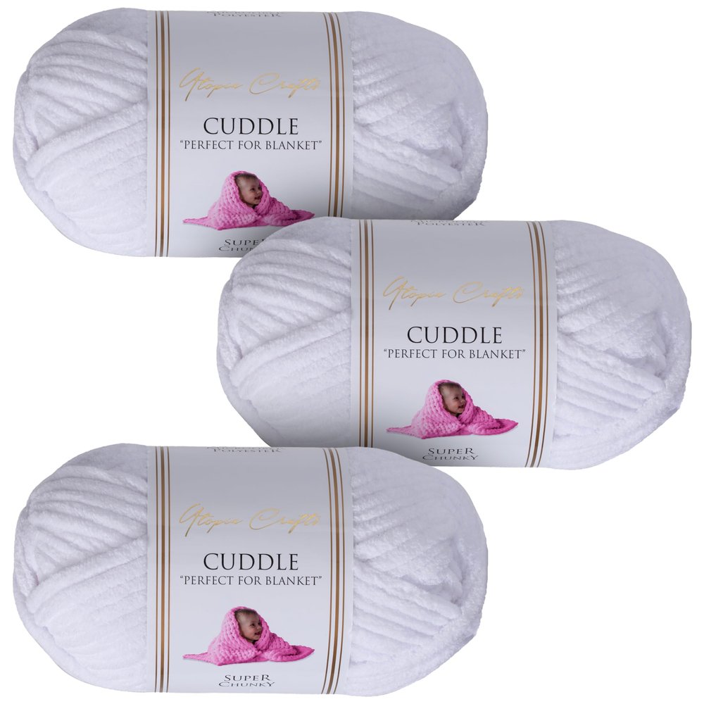 Utopia Crafts Cuddle Super Chunky Chenille Yarn, White, 100 g, 60 m, 3-Pack