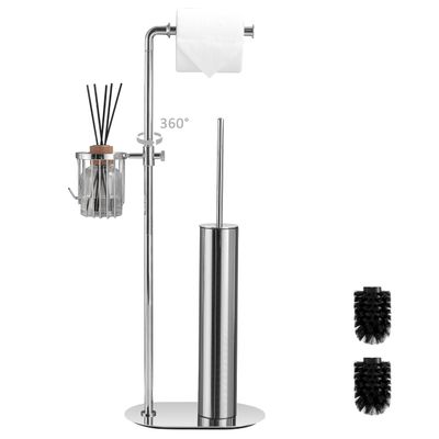 BVL Freestanding Chrome Toilet Paper Holder with Toilet Brush and Storage Basket