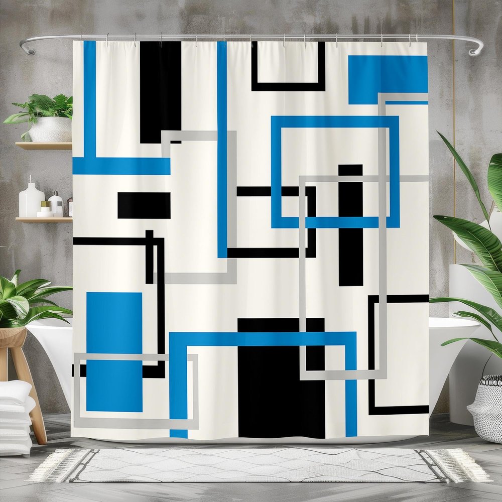 IXEHOH Modern Geometric Shower Curtain, White, Blue, Gray and Black, Minimalist Abstract Line Art, Washable, 180 x 240 cm (W x H)