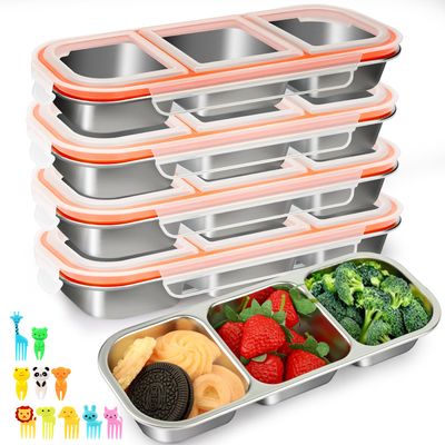 JUJOJB 4-Pack Stainless Steel Snack Containers with Lids, 3-Compartment Bento Lunch Boxes