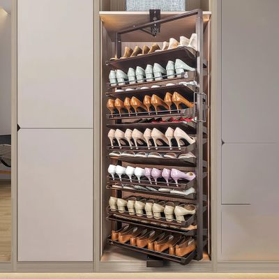 360° Rotating Pull-Out Closet Shoe Rack, 9-Tier, Brown, 48 cm/19 in