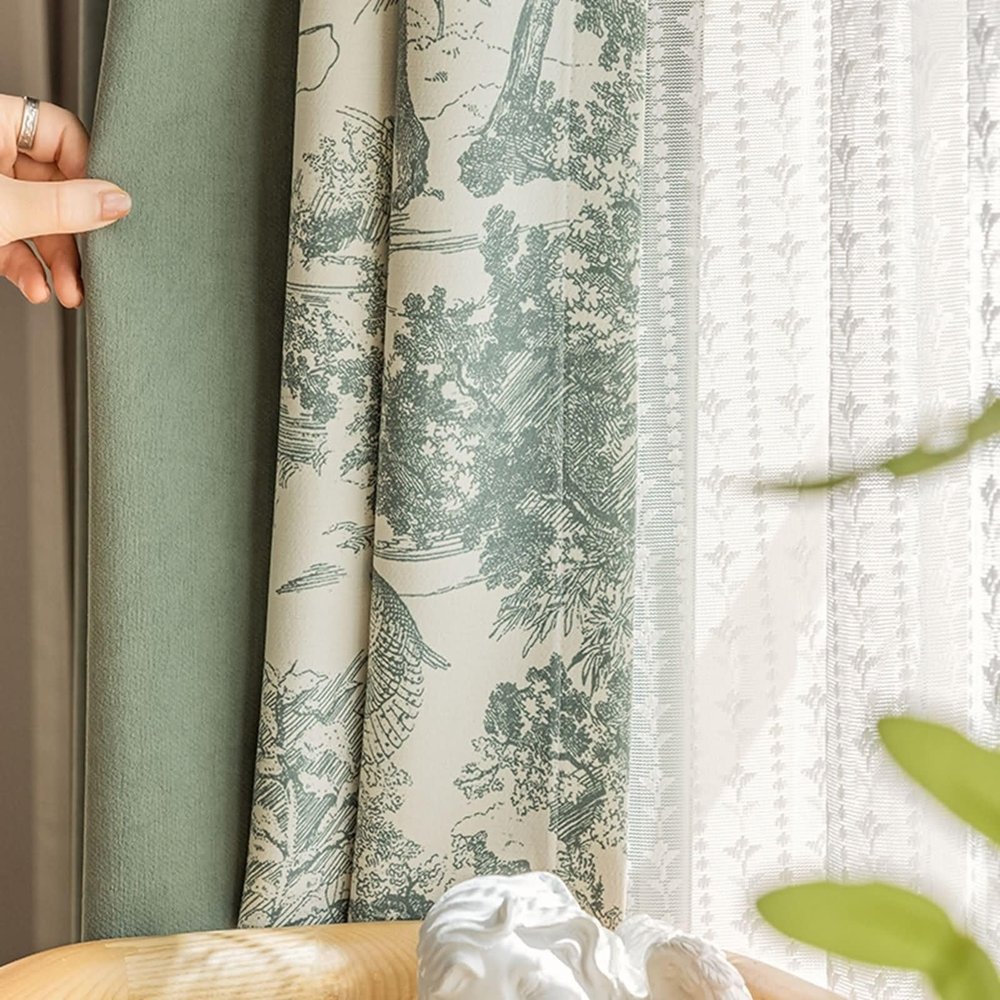 Wycian Outdoor Blackout Curtains, Green, 2-Pack, Solid and Floral Chenille, 84 x 54 in