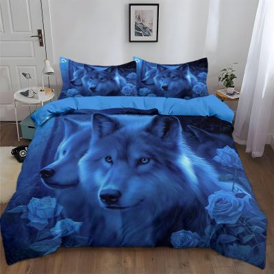 Generic Sky Blue 3-Piece Bedding Set, 155 x 220 cm, Animal Flowers Wolf Rose Design