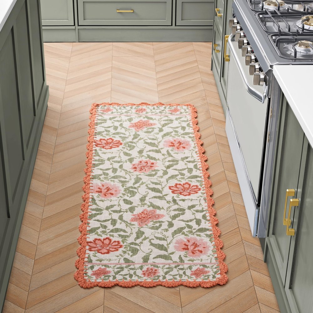 Laura Ashley Cotton Runner Rug, Crocheted, Poppies, Machine Washable and Non-Slip, 30 x 150 cm