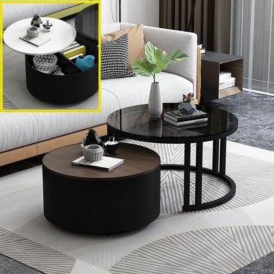 Nesting Coffee Table Set with Storage, Round Industrial Design