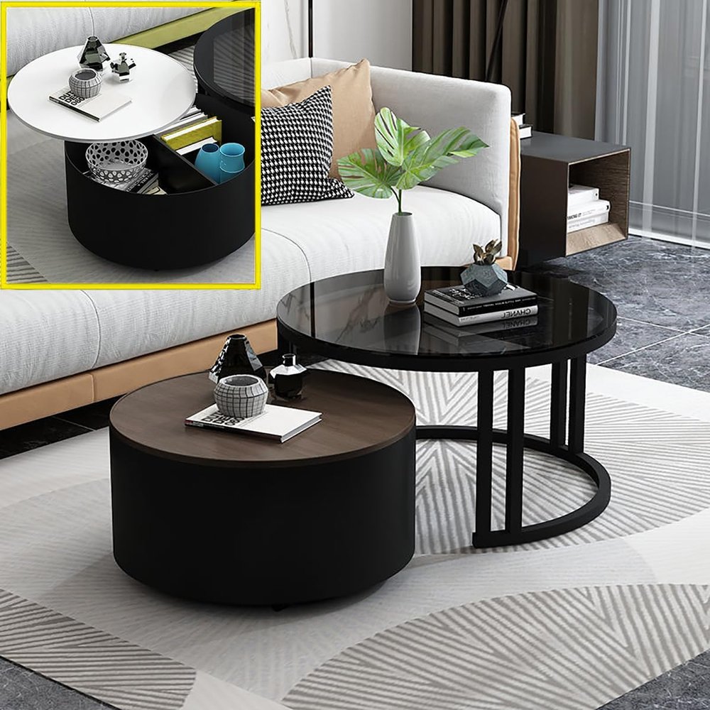 Nesting Coffee Table Set with Storage, Round Industrial Design
