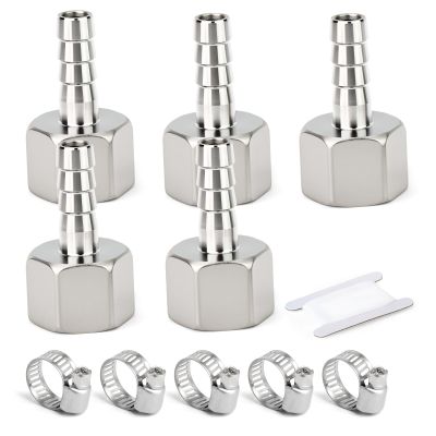 TAISHER 5-Pack 304 Stainless Steel Forged Hose Barb Fittings, 16 mm Barb x 3/4 in. FBSP Adapter with Hose Clamps