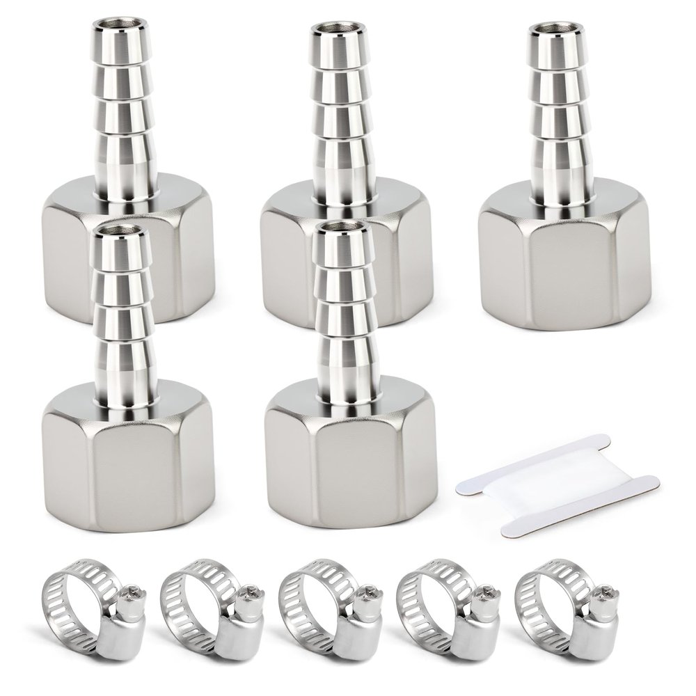 TAISHER 5-Pack 304 Stainless Steel Forged Hose Barb Fittings, 16 mm Barb x 3/4 in. FBSP Adapter with Hose Clamps