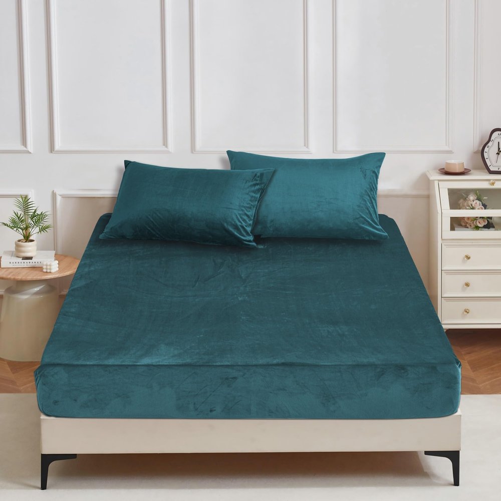 YASMENG Winter Plush Fitted Sheet 140 x 200 cm, Petrol, Warm and Cozy
