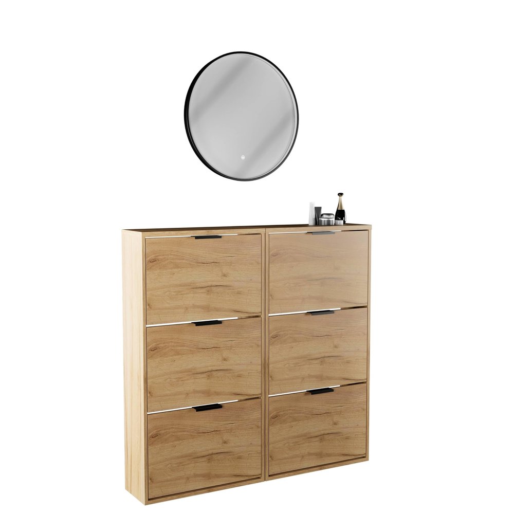 Planetmöbel Set of 2 Narrow Shoe Cabinets with Round Lighted Mirror, Gold Oak