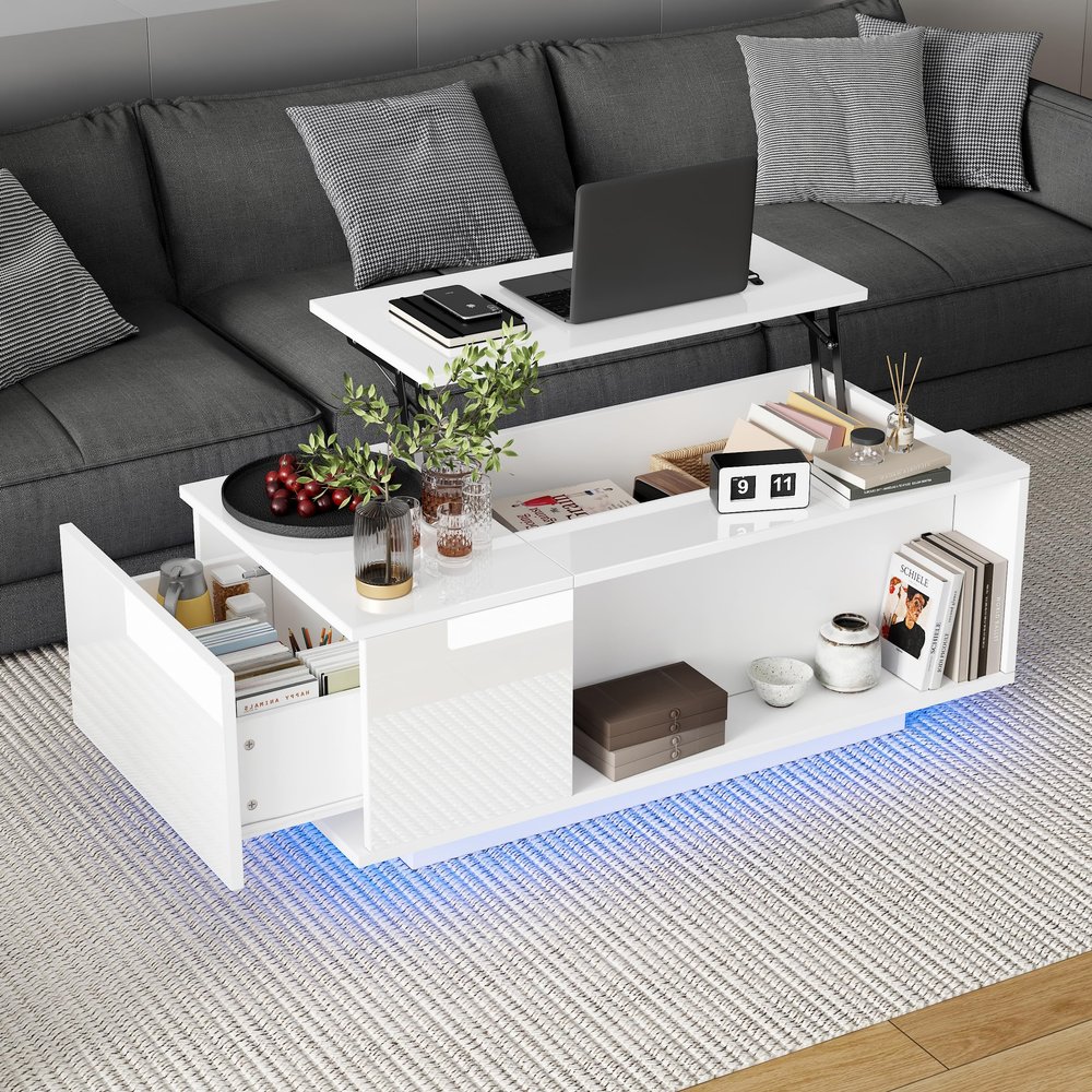 Merax Height-Adjustable LED Coffee Table with Drawers, White