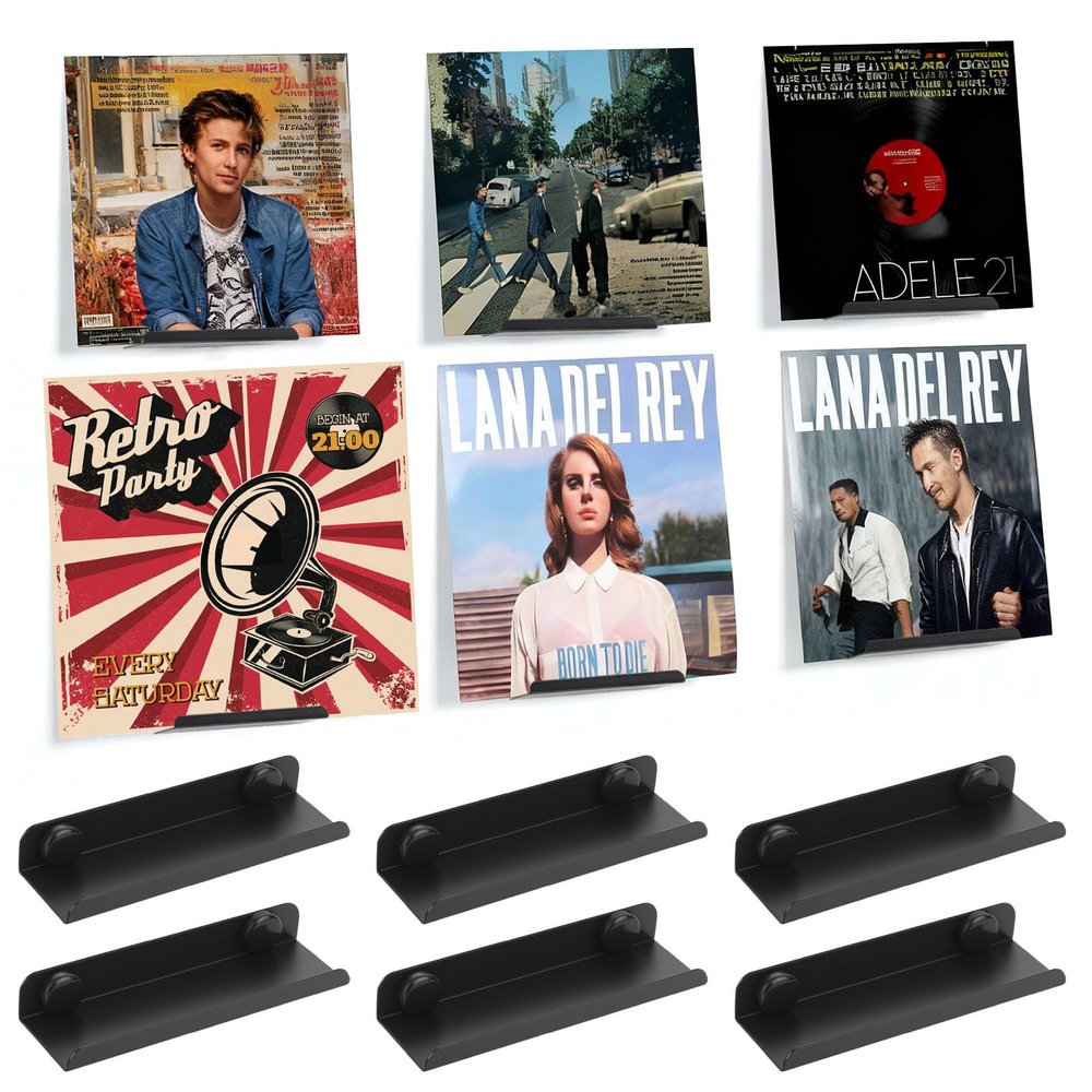 IYEREER 6-Pack Black Metal Wall-Mount Holders for Vinyl Records and CDs