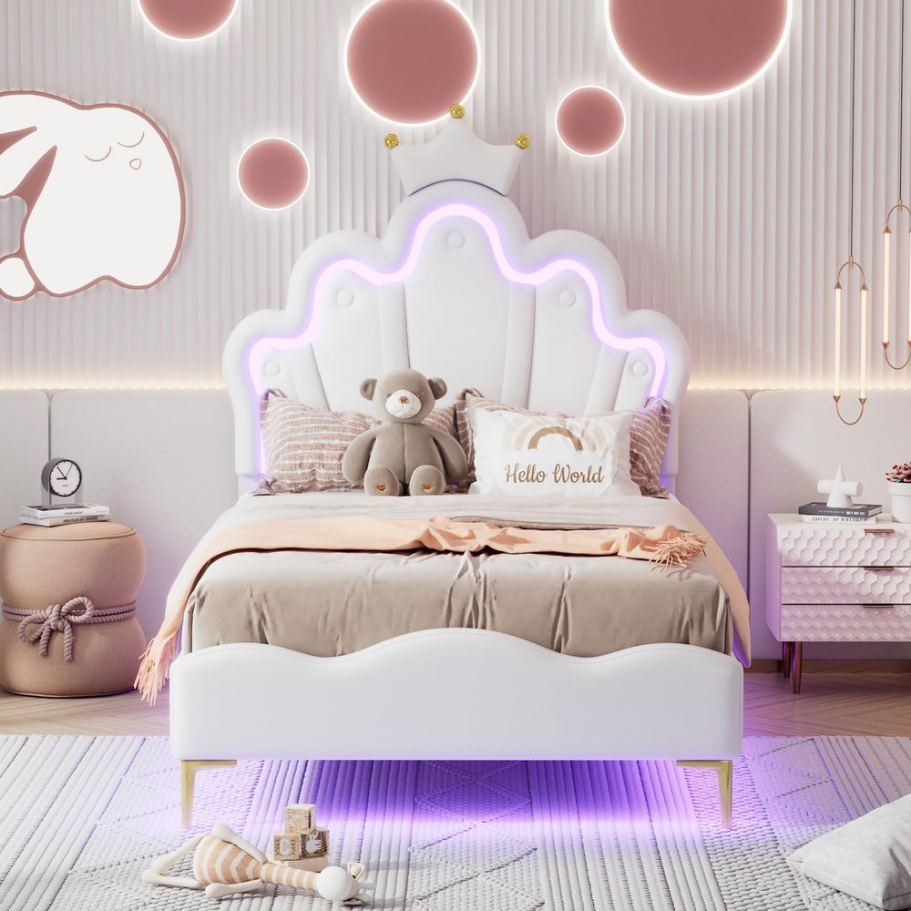 CXHLXYR Upholstered Children's Bed 90 x 200 cm with LED, Crown-Shaped Princess Design, Slatted Base and Backrest, White PU Frame