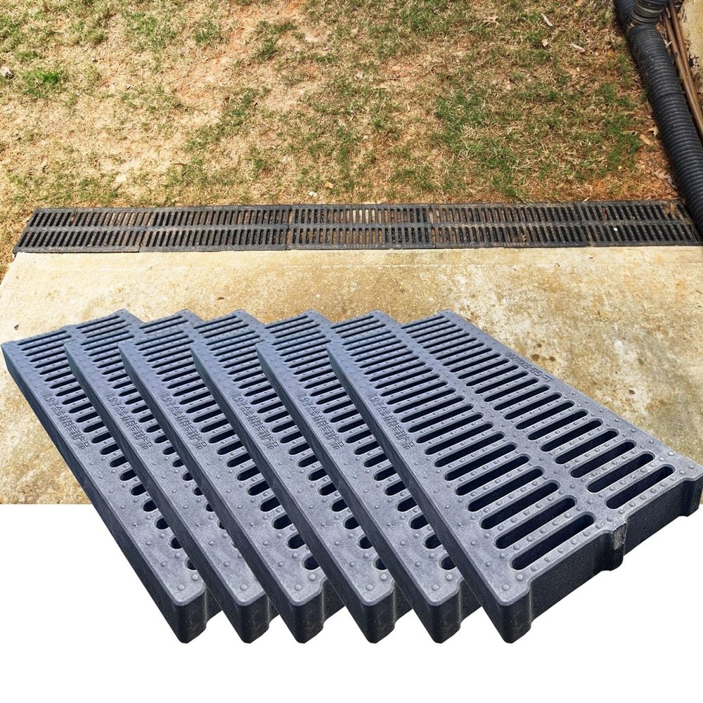 6-Piece Drainage Channel System for Driveways, Square Polymer Drain Grates with Non-Slip Surface