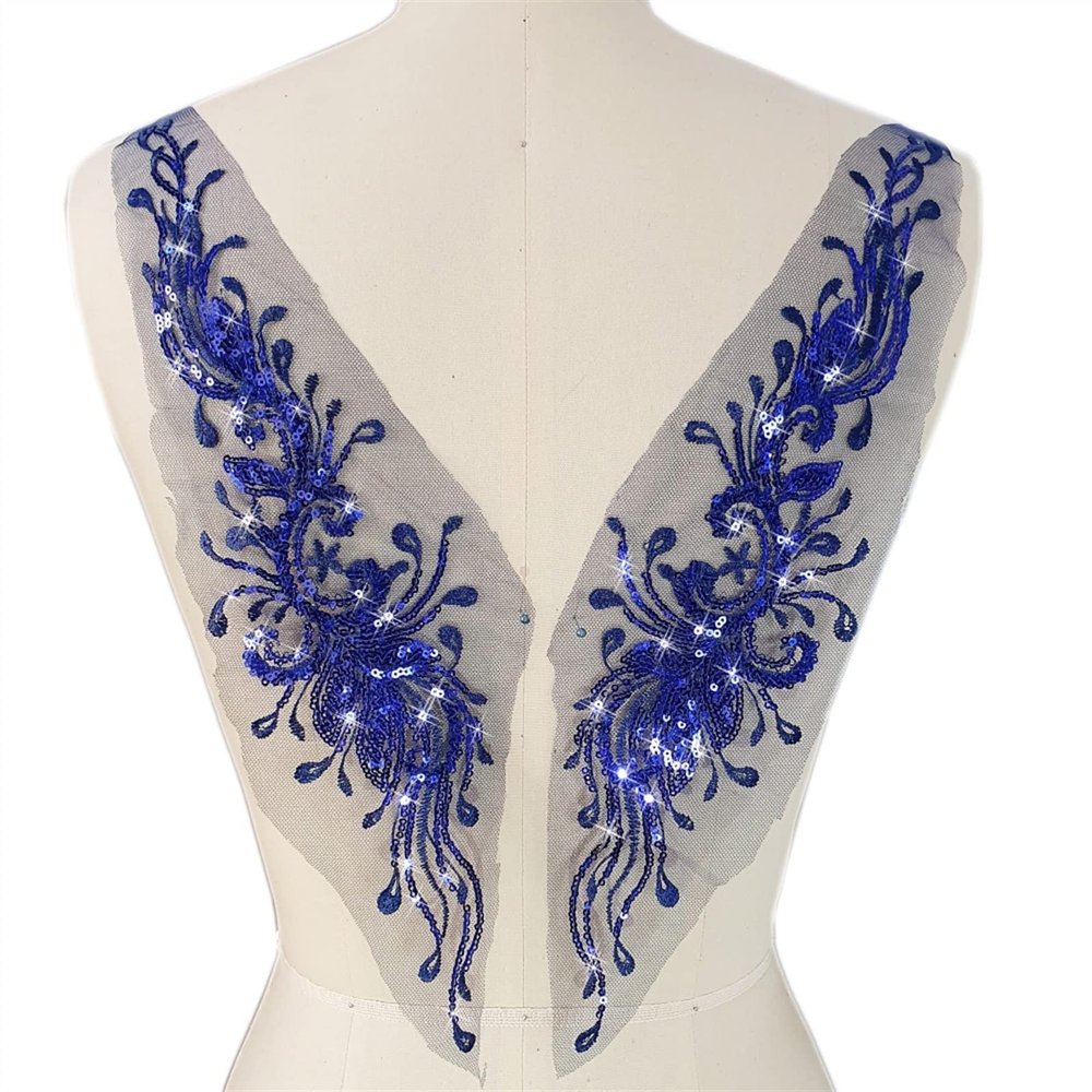 LZTDSBX Lace Trim, 1 Pair of Sequin Appliqués for Sewing, 3D Lace Rhinestones, Clothing Patches and DIY Crafts (Blue)