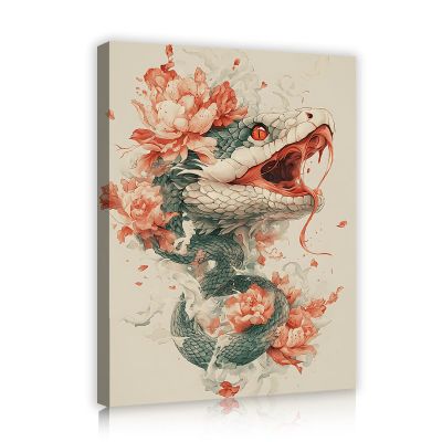 UIRINGART Chinese-Style Snake Floral Canvas Wall Art, Retro Floral Canvas Print, Elegant Poster for Guest Room Decor, 50 x 80 cm, Inner Frame
