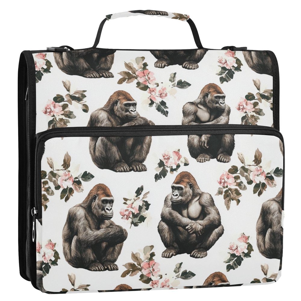 Funny Gorilla White 3-Ring Zipper Binder with Handle and Multiple Pockets