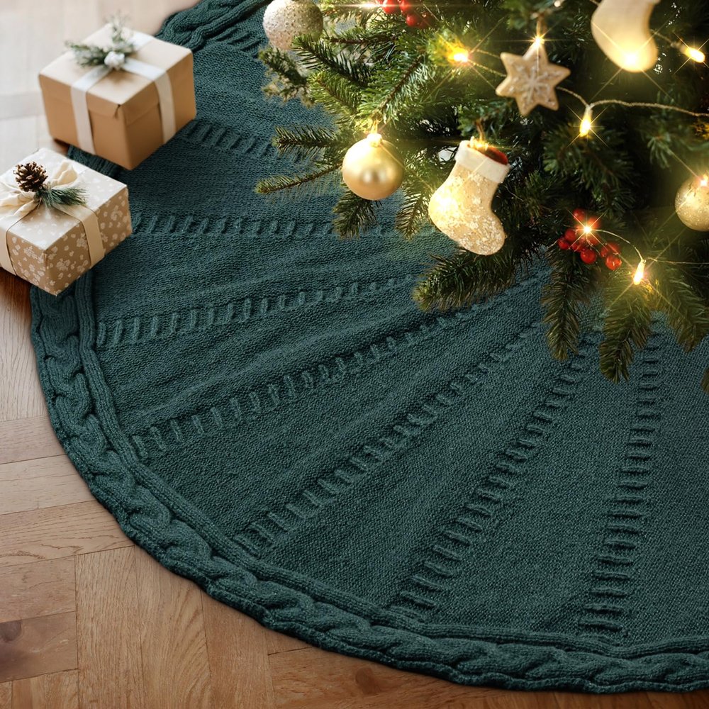 Lanpn 120 cm Christmas Tree Skirt, Chunky Knit, Rustic Green