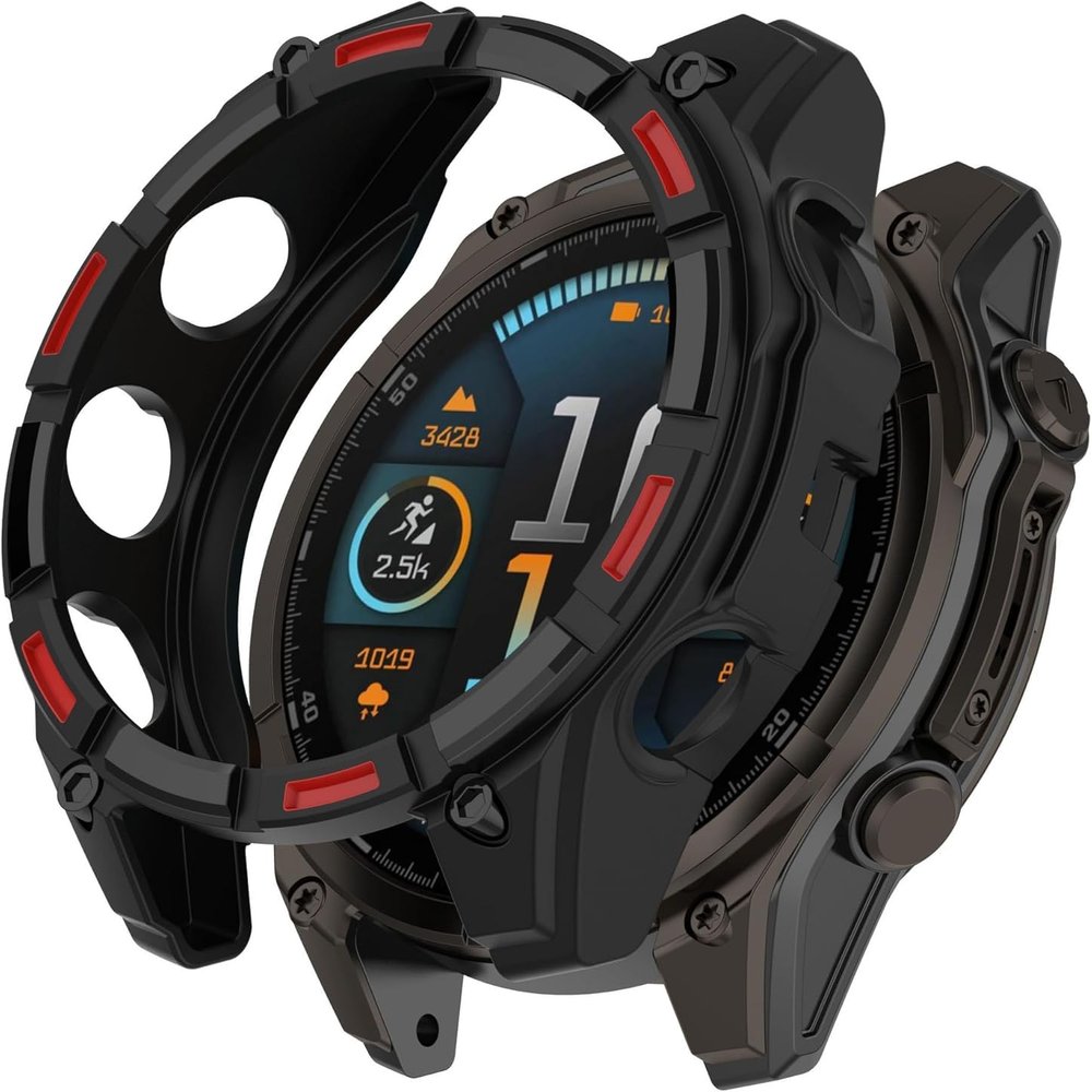 Protective Case for Garmin Quatix 8 51 mm, Screen Protector, Flexible TPU, Black and Red