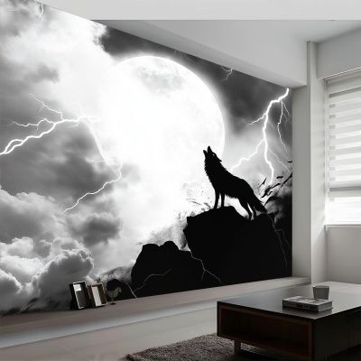 Fantasy Animal Howling Wolf Full Moon Panorama Wallpaper, Black and White Nonwoven Mural, 3D Wall Art, 250 x 175 cm