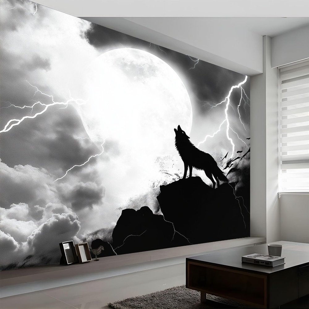 Fantasy Animal Howling Wolf Full Moon Panorama Wallpaper, Black and White Nonwoven Mural, 3D Wall Art, 250 x 175 cm