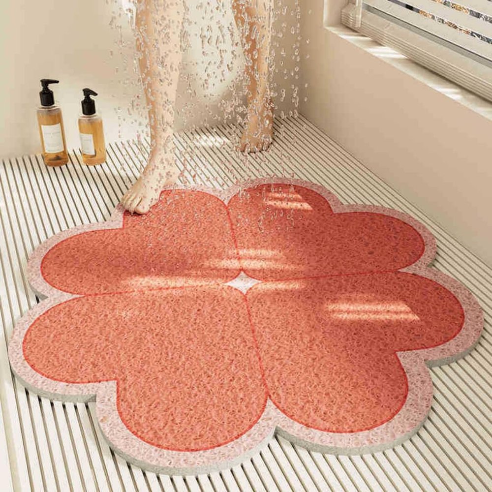 Surwin Non-Slip Shower Mat, Four-Leaf Clover PVC Loofah Bath Mat, Pink, 60 cm