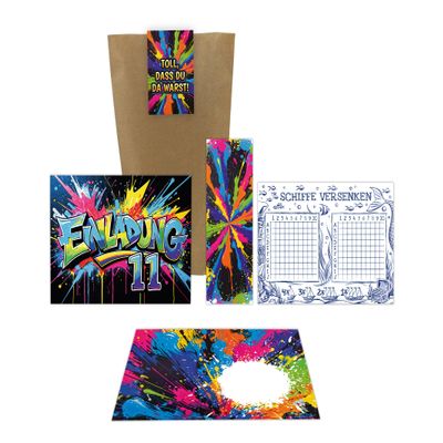 12 Graffiti Invitations for an 11th Birthday, with Envelopes, Bags, Stickers, Bookmarks and Battleship Games