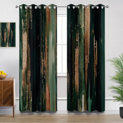 Mistela Green Blackout Curtains, Dark Green Modern Abstract Grommet Panels, 2-Pack, H175 x W140 cm