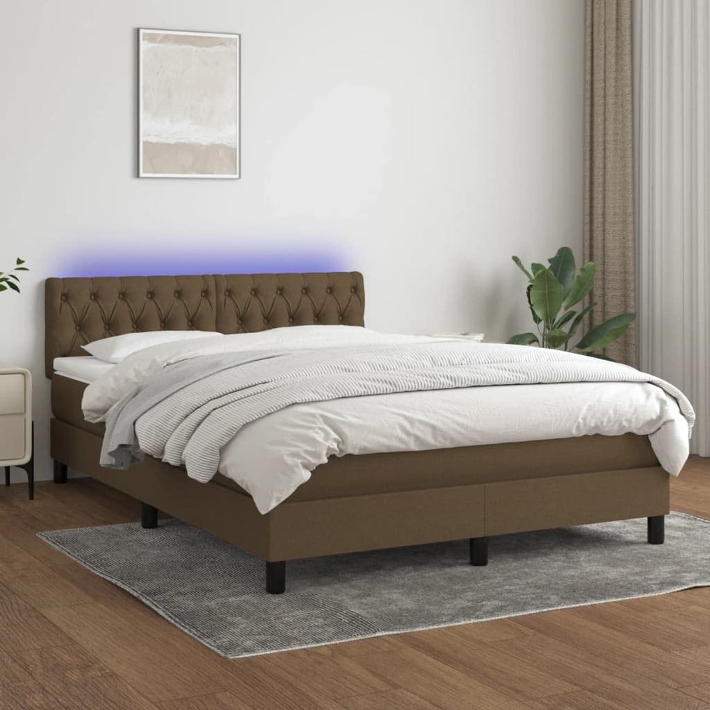 Iiaky Box Spring Bed 140 x 190 cm with Mattress, LED, and Slatted Base - Dark Brown, Type 3