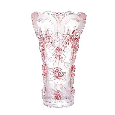 Large Pink Crystal Glass Vase, 30 cm Tall, Plum Blossom Design